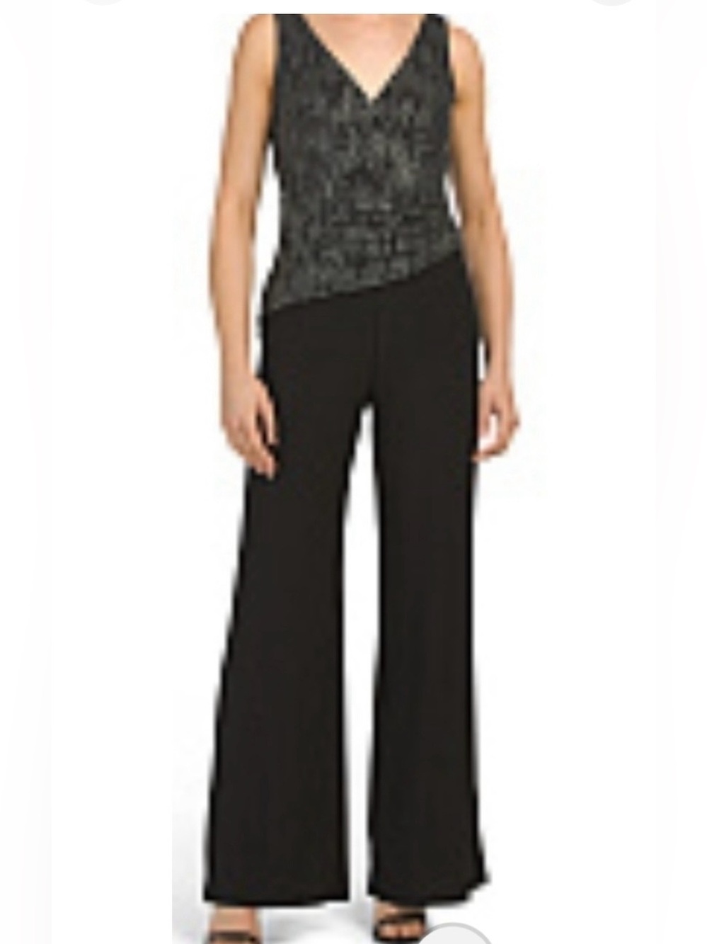 Anne Klein Black/Silver Wide-Leg Women's Jumpsuit with V-Neck
